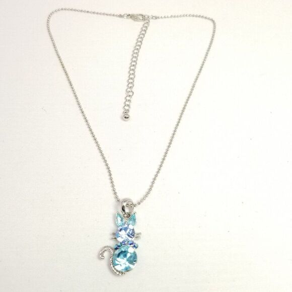 Vintage Blue Rhinestone Cat Pendant Necklace, Silver Tone Adjustable Chain - Picture 9 of 9